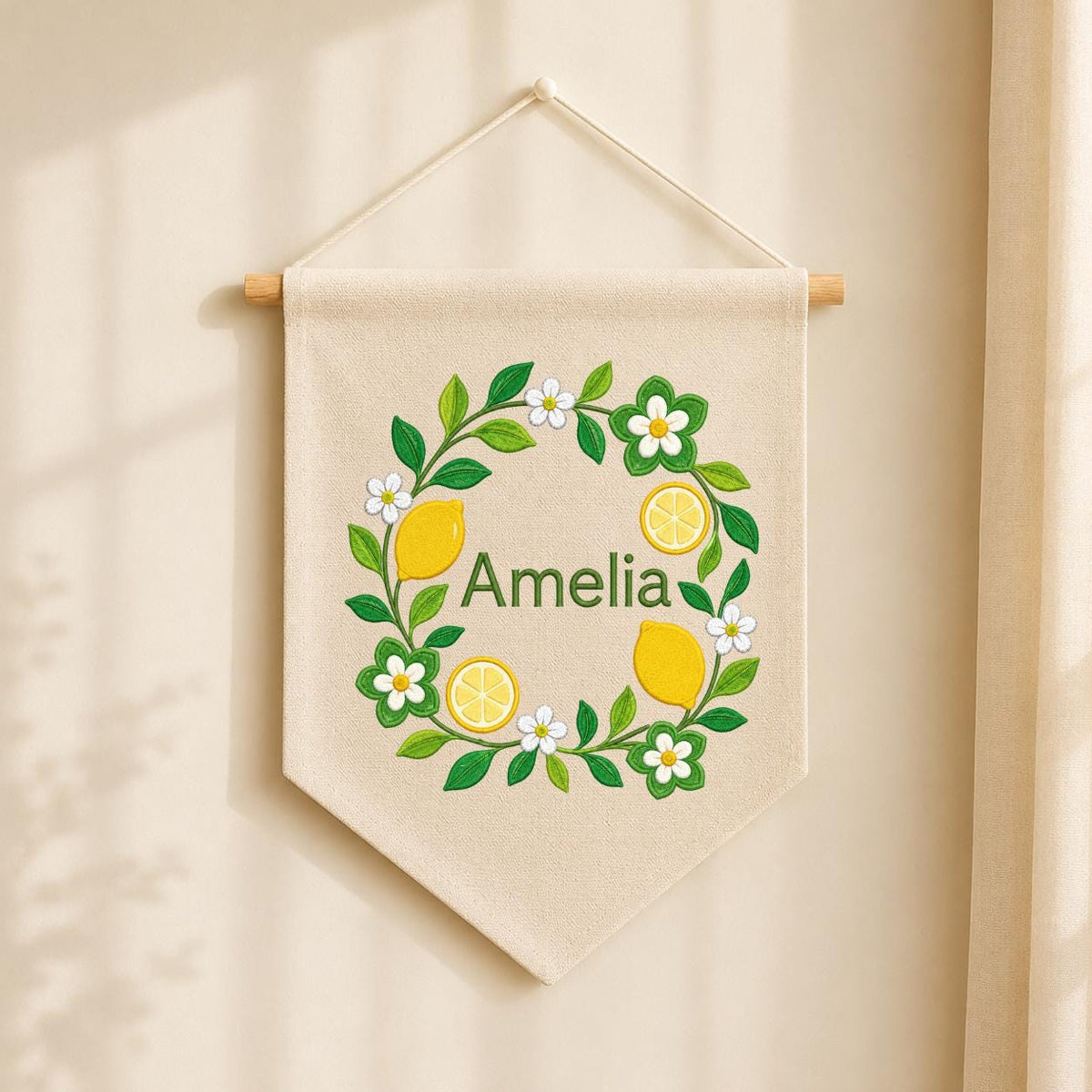 Personalized Citrus Lemon Canvas Pennant Banner Decor, Custom Embroidered Floral Fruit Name Sign, Housewarming Gift, Baby Shower Decor