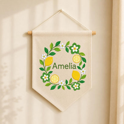Personalized Citrus Lemon Canvas Pennant Banner Decor, Custom Embroidered Floral Fruit Name Sign, Housewarming Gift, Baby Shower Decor