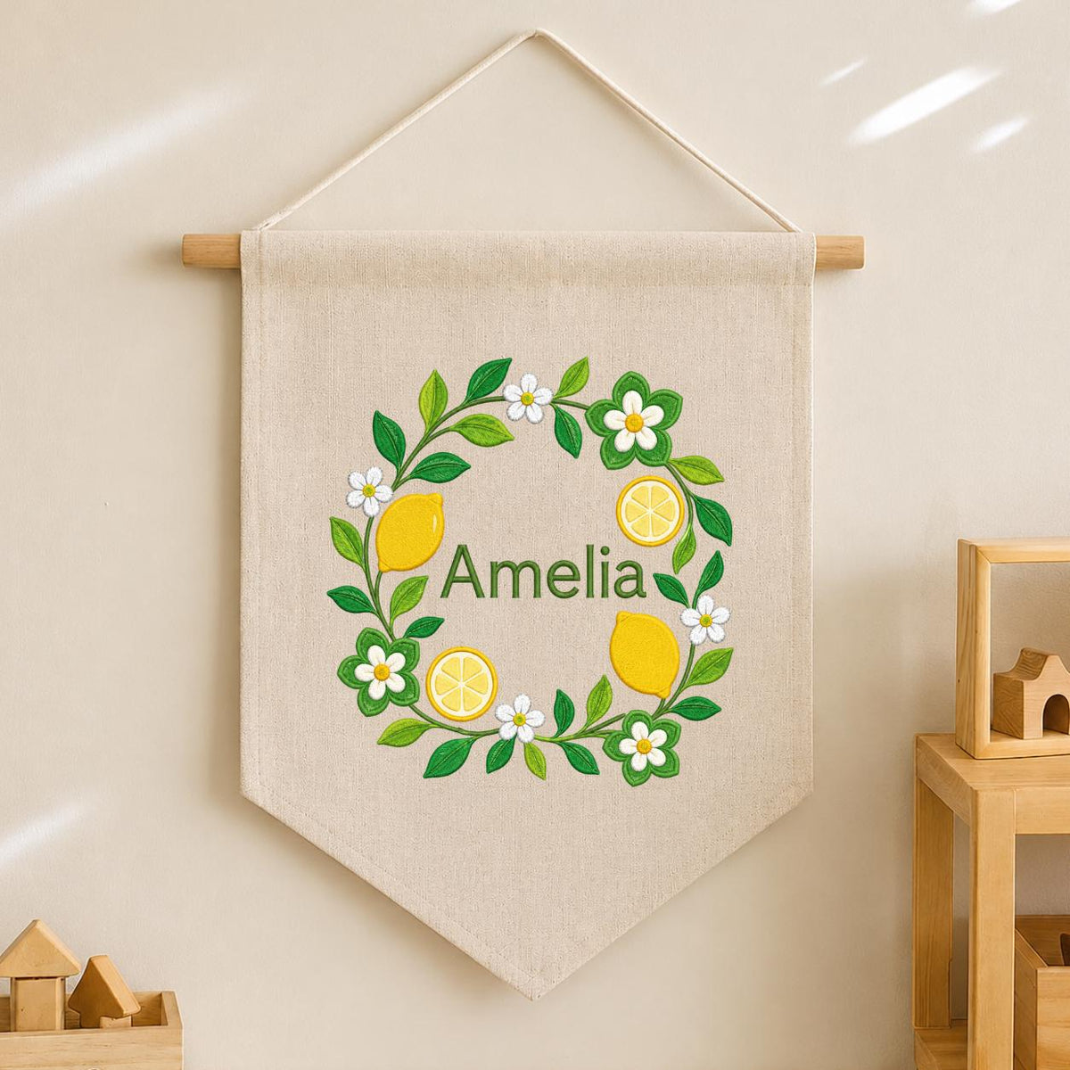 Personalized Citrus Lemon Canvas Pennant Banner Decor, Custom Embroidered Floral Fruit Name Sign, Housewarming Gift, Baby Shower Decor