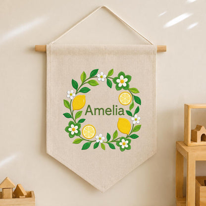 Personalized Citrus Lemon Canvas Pennant Banner Decor, Custom Embroidered Floral Fruit Name Sign, Housewarming Gift, Baby Shower Decor