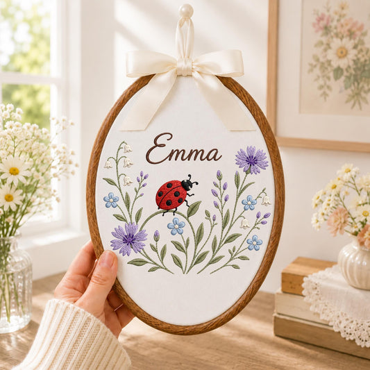 Personalized Ladybug Embroidered Ornament, Custom Baby Name Wildflower Hoop, Floral Nursery Decor, Baby Girl Keepsake, Baby Shower Gift