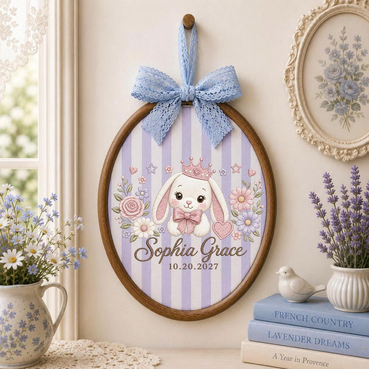 Personalized Princess Bunny Embroidered Ornament, Custom Baby Name Floral Hoop, Bunny Nursery Decor, Baby Girl Keepsake, Newborn Gift