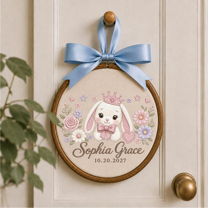 Personalized Princess Bunny Embroidered Ornament, Custom Baby Name Floral Hoop, Bunny Nursery Decor, Baby Girl Keepsake, Newborn Gift