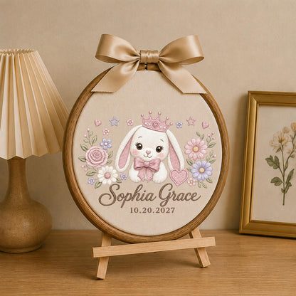 Personalized Princess Bunny Embroidered Ornament, Custom Baby Name Floral Hoop, Bunny Nursery Decor, Baby Girl Keepsake, Newborn Gift