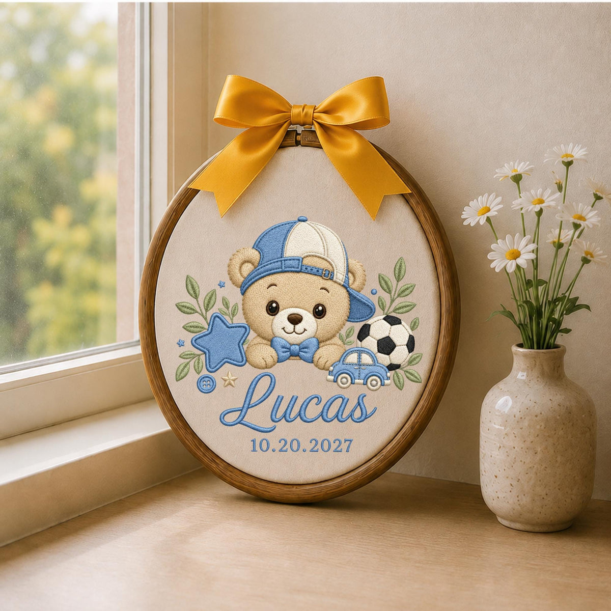 Personalized Baby Boy Embroidered Ornament, Custom Teddy Bear Name Hoop, Sports Nursery Decor, Baby Name Keepsake, Newborn Boy Gift