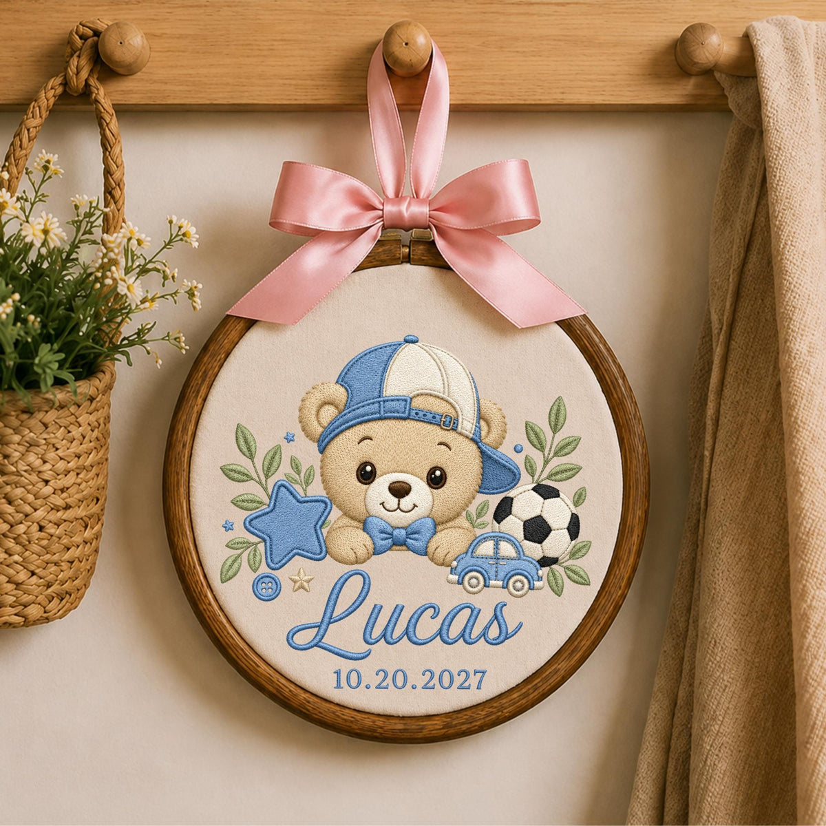 Personalized Baby Boy Embroidered Ornament, Custom Teddy Bear Name Hoop, Sports Nursery Decor, Baby Name Keepsake, Newborn Boy Gift