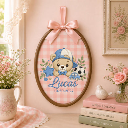 Personalized Baby Boy Embroidered Ornament, Custom Teddy Bear Name Hoop, Sports Nursery Decor, Baby Name Keepsake, Newborn Boy Gift