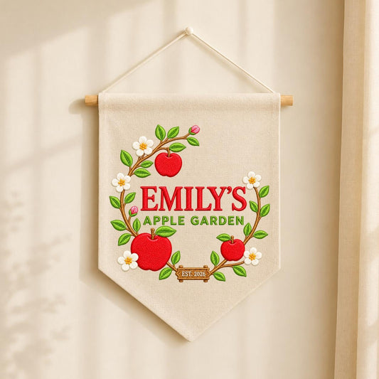 Personalized Apple Garden Canvas Pennant Banner, Custom Name Emily Apple Orchard Fruit Embroidered Wall Hanging Sign, Housewarming Gift