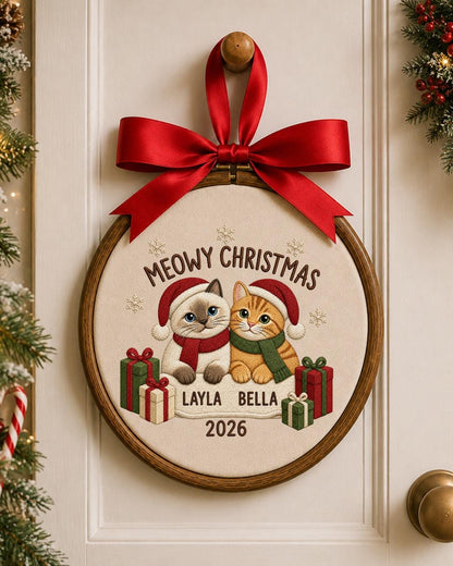 Personalized Christmas Cat Embroidered Ornament, Custom Pet Name Hoop, Meowy Christmas Decor, Cat Lover Gift, Holiday Keepsake