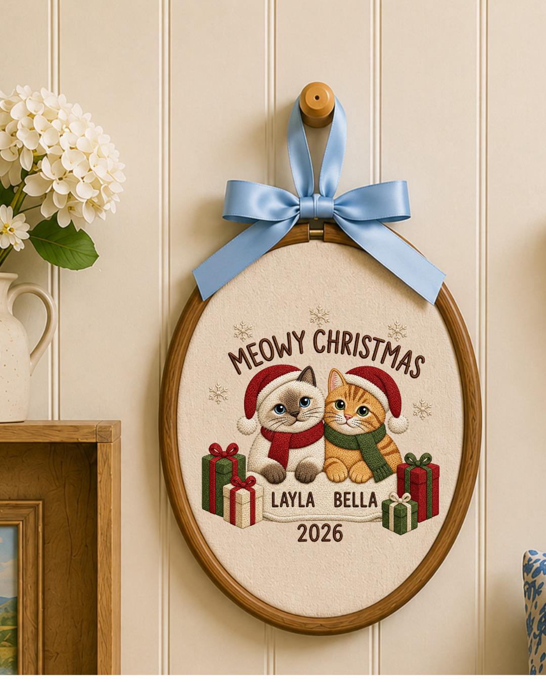 Personalized Christmas Cat Embroidered Ornament, Custom Pet Name Hoop, Meowy Christmas Decor, Cat Lover Gift, Holiday Keepsake