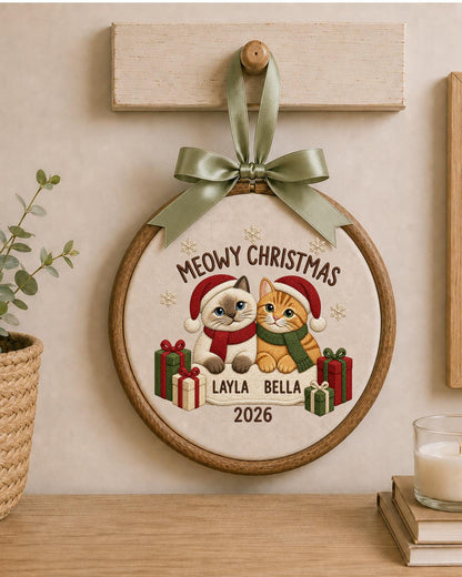 Personalized Christmas Cat Embroidered Ornament, Custom Pet Name Hoop, Meowy Christmas Decor, Cat Lover Gift, Holiday Keepsake