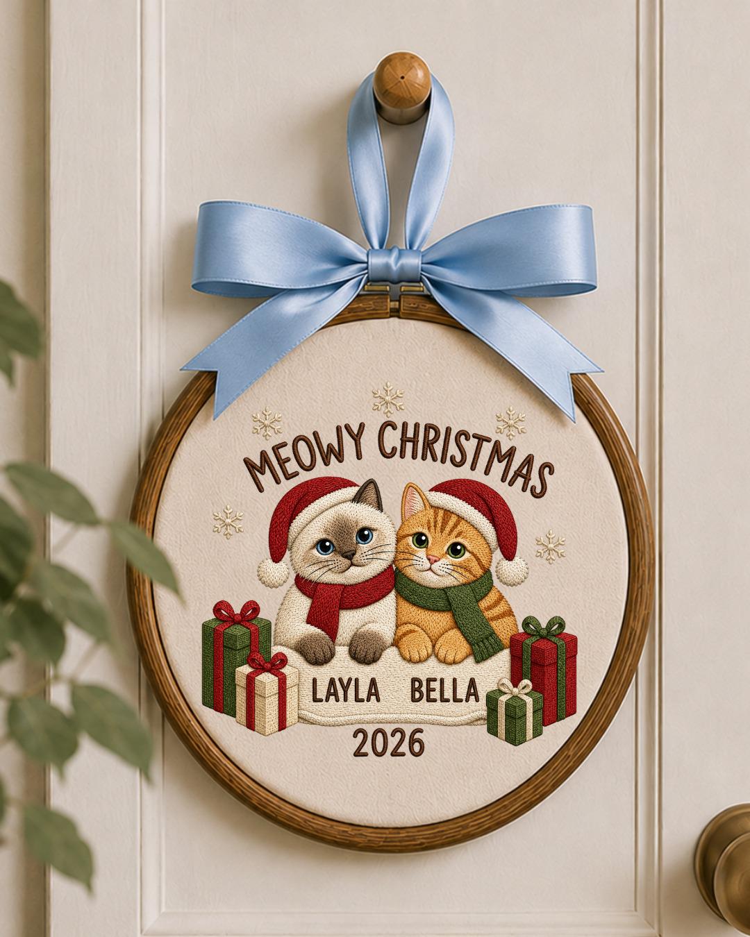 Personalized Christmas Cat Embroidered Ornament, Custom Pet Name Hoop, Meowy Christmas Decor, Cat Lover Gift, Holiday Keepsake