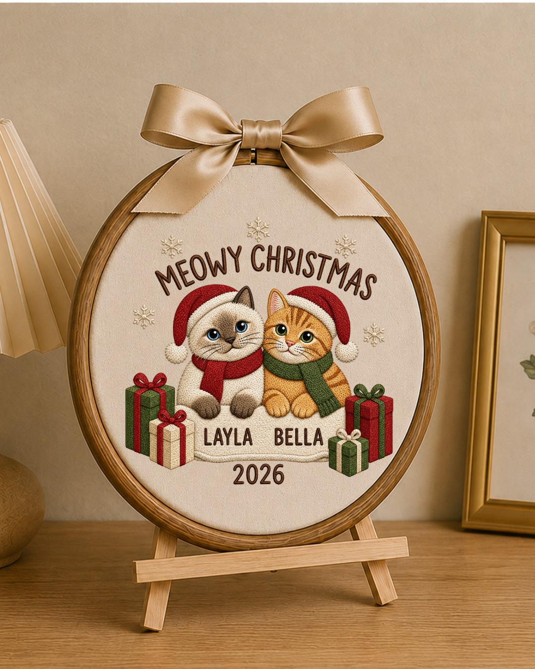 Personalized Christmas Cat Embroidered Ornament, Custom Pet Name Hoop, Meowy Christmas Decor, Cat Lover Gift, Holiday Keepsake