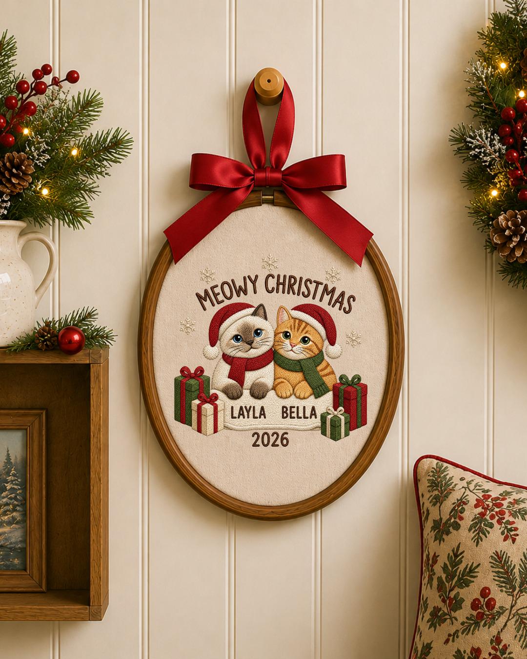 Personalized Christmas Cat Embroidered Ornament, Custom Pet Name Hoop, Meowy Christmas Decor, Cat Lover Gift, Holiday Keepsake