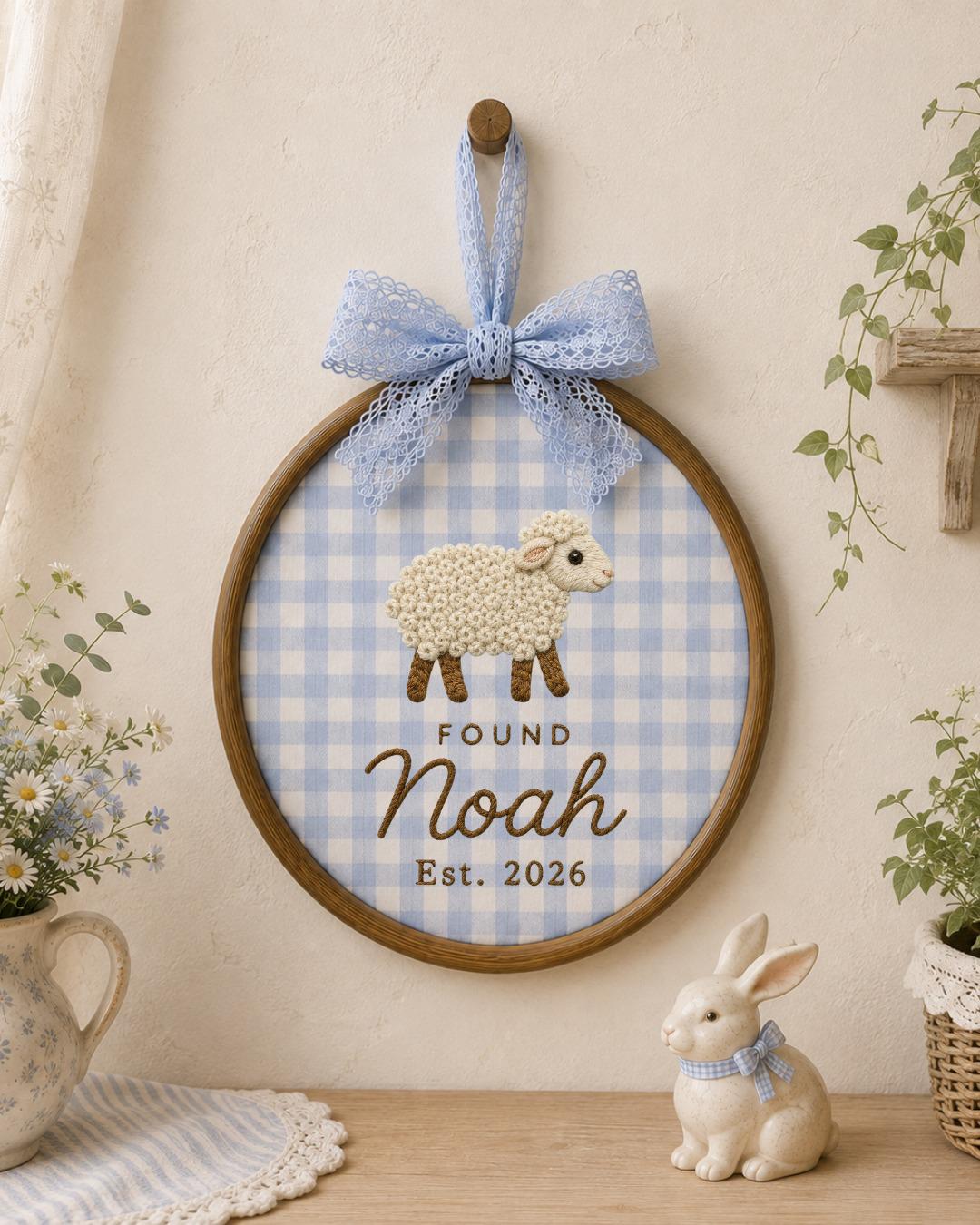 Personalized Sheep Embroidered Ornament, Custom Baby Name Hoop, Found Sheep Nursery Decor, Christian Baby Gift, Newborn Keepsake