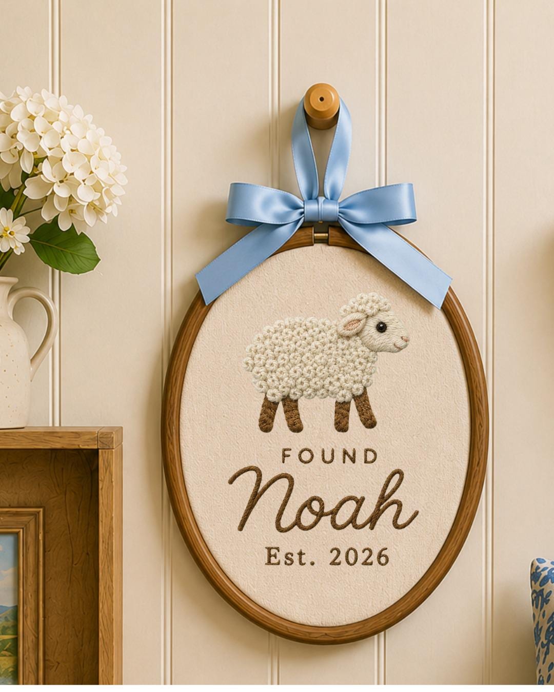 Personalized Sheep Embroidered Ornament, Custom Baby Name Hoop, Found Sheep Nursery Decor, Christian Baby Gift, Newborn Keepsake