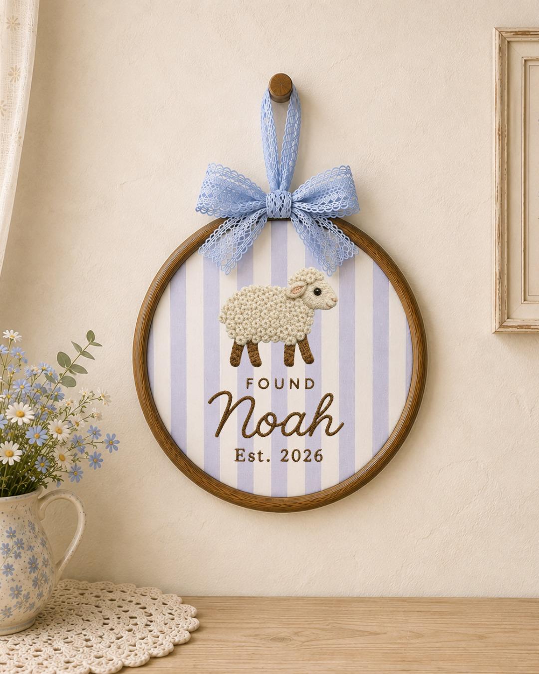 Personalized Sheep Embroidered Ornament, Custom Baby Name Hoop, Found Sheep Nursery Decor, Christian Baby Gift, Newborn Keepsake