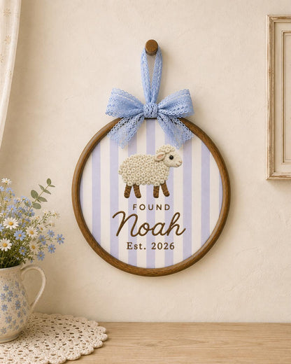 Personalized Sheep Embroidered Ornament, Custom Baby Name Hoop, Found Sheep Nursery Decor, Christian Baby Gift, Newborn Keepsake