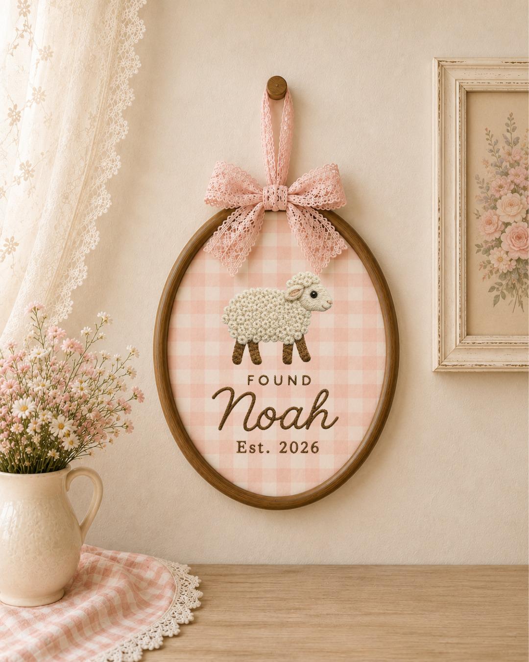 Personalized Sheep Embroidered Ornament, Custom Baby Name Hoop, Found Sheep Nursery Decor, Christian Baby Gift, Newborn Keepsake