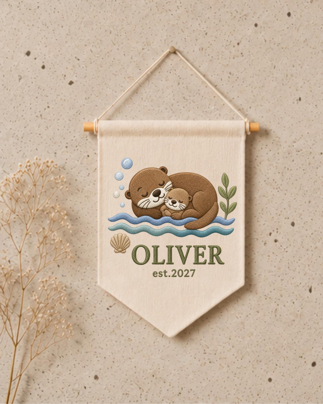 Personalized Otter Nursery Wall Hanging, Custom Name Embroidered Banner, Mama and Baby Otter Nursery Decor, Ocean Baby Room Gift
