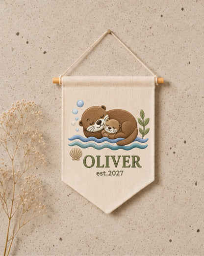 Personalized Otter Nursery Wall Hanging, Custom Name Embroidered Banner, Mama and Baby Otter Nursery Decor, Ocean Baby Room Gift