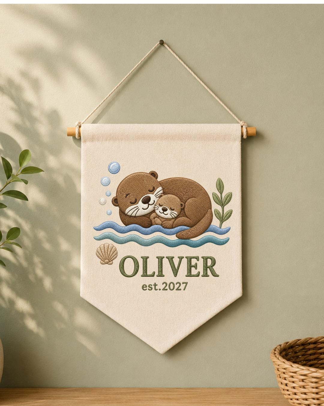 Personalized Otter Nursery Wall Hanging, Custom Name Embroidered Banner, Mama and Baby Otter Nursery Decor, Ocean Baby Room Gift