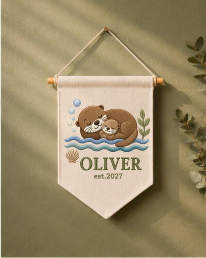 Personalized Otter Nursery Wall Hanging, Custom Name Embroidered Banner, Mama and Baby Otter Nursery Decor, Ocean Baby Room Gift
