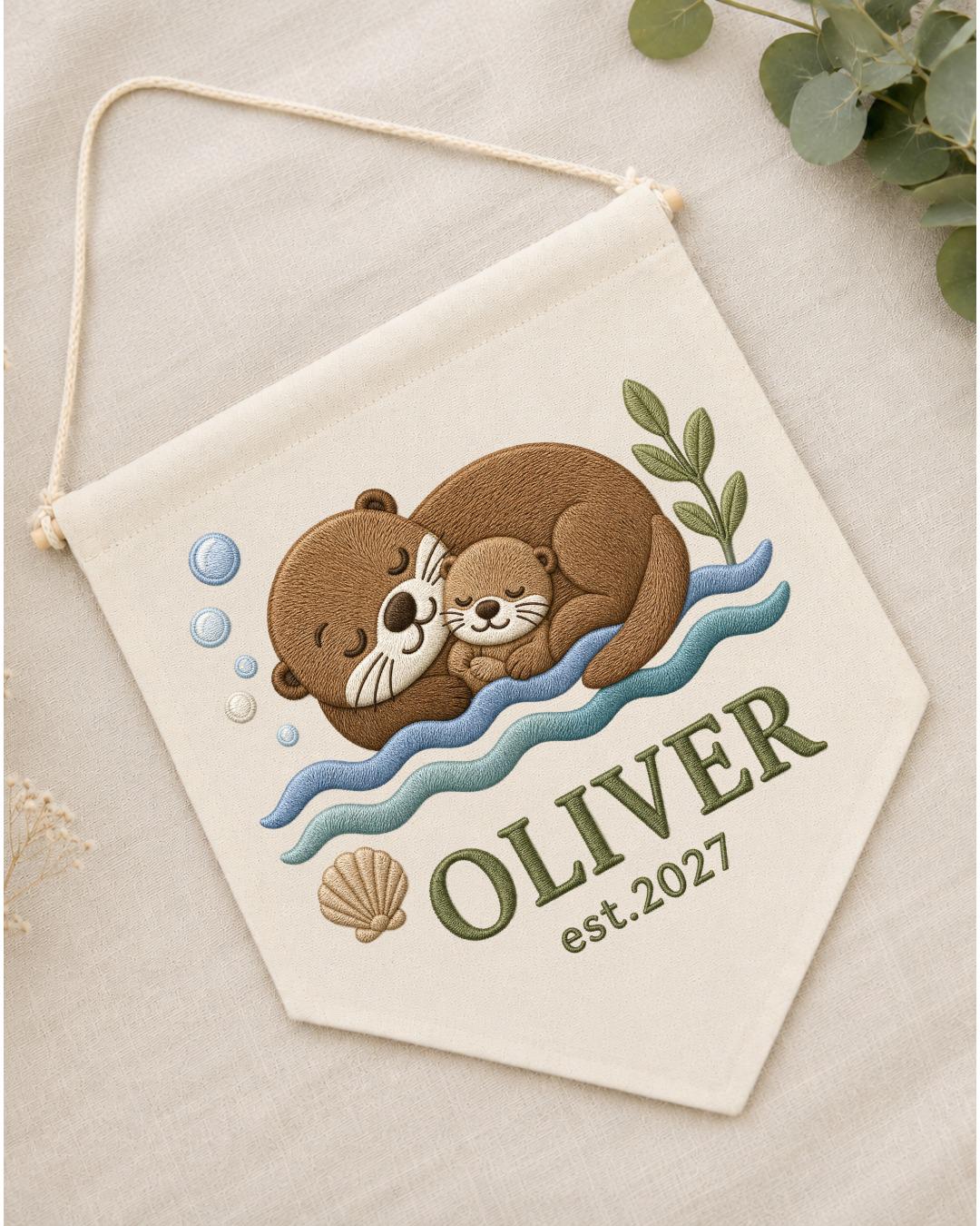 Personalized Otter Nursery Wall Hanging, Custom Name Embroidered Banner, Mama and Baby Otter Nursery Decor, Ocean Baby Room Gift