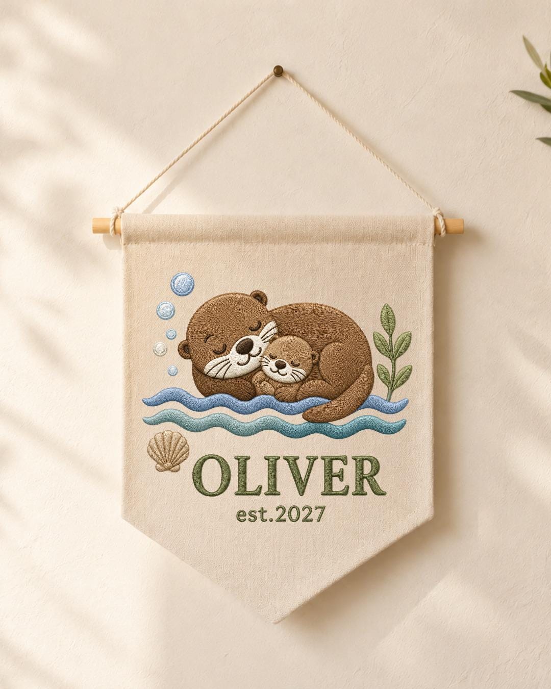 Personalized Otter Nursery Wall Hanging, Custom Name Embroidered Banner, Mama and Baby Otter Nursery Decor, Ocean Baby Room Gift