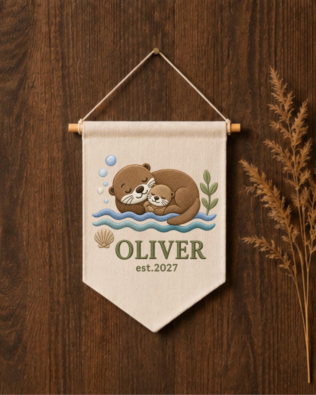 Personalized Otter Nursery Wall Hanging, Custom Name Embroidered Banner, Mama and Baby Otter Nursery Decor, Ocean Baby Room Gift