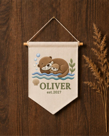 Personalized Otter Nursery Wall Hanging, Custom Name Embroidered Banner, Mama and Baby Otter Nursery Decor, Ocean Baby Room Gift