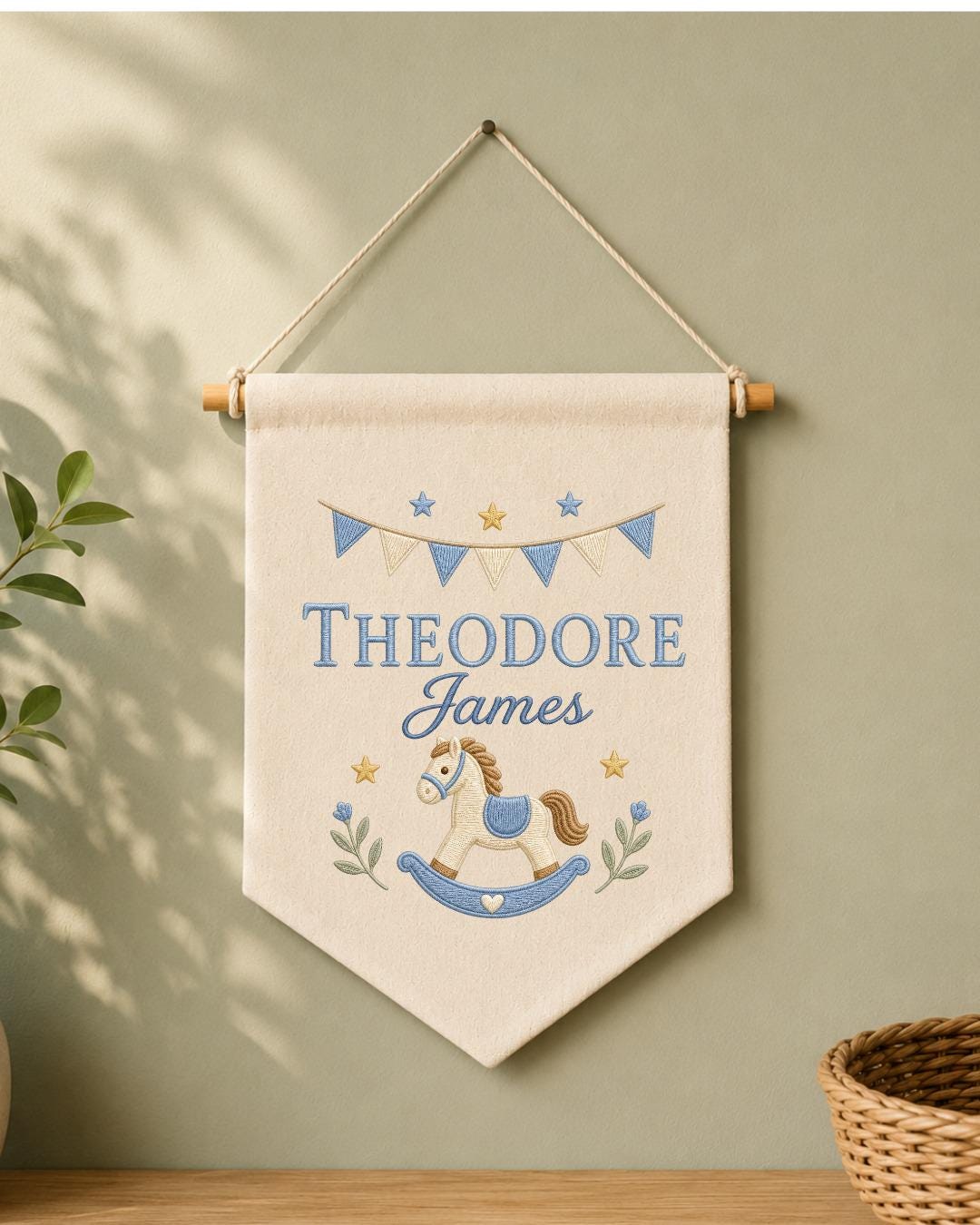 Personalized Rocking Horse Nursery Wall Hanging, Custom Name Embroidered Banner, Baby Boy Nursery Decor, Classic Nursery Gift