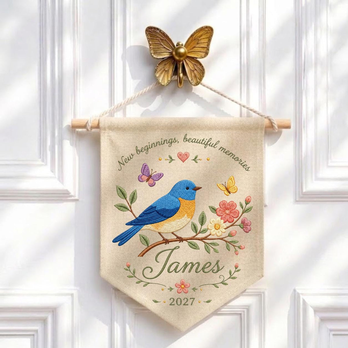 Personalized Bluebird Embroidery Banner - Custom Name Wall Hanging - New Beginnings Gift - Hand Stitched Keepsake with Year 2027