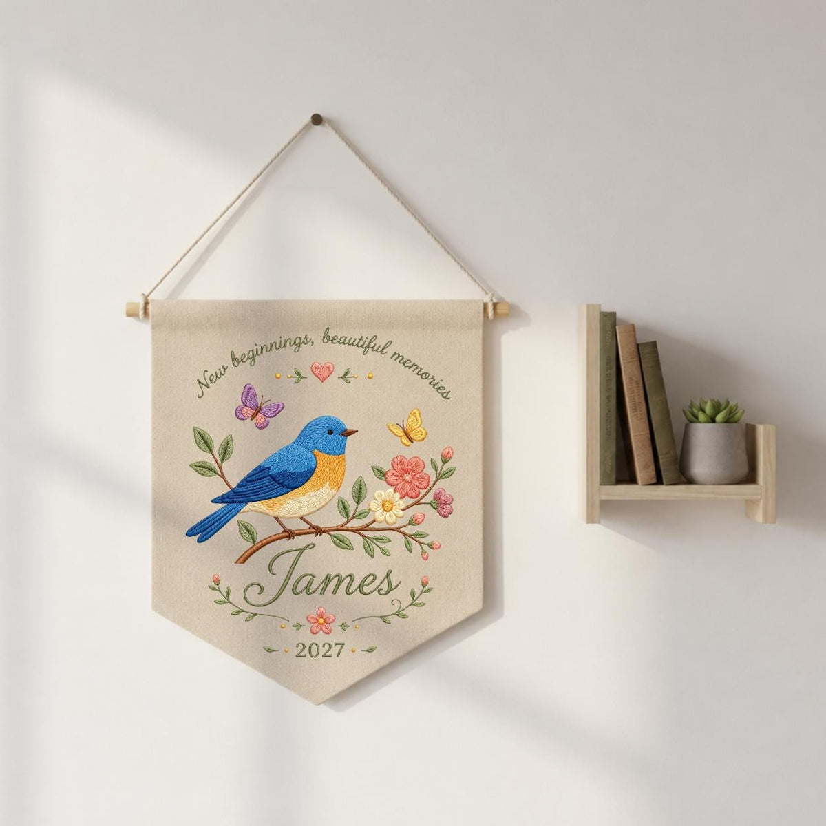 Personalized Bluebird Embroidery Banner - Custom Name Wall Hanging - New Beginnings Gift - Hand Stitched Keepsake with Year 2027