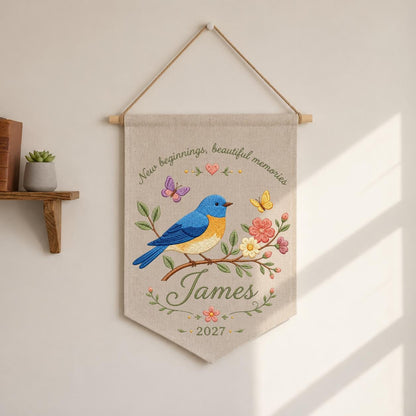 Personalized Bluebird Embroidery Banner - Custom Name Wall Hanging - New Beginnings Gift - Hand Stitched Keepsake with Year 2027