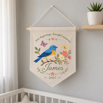 Personalized Bluebird Embroidery Banner - Custom Name Wall Hanging - New Beginnings Gift - Hand Stitched Keepsake with Year 2027