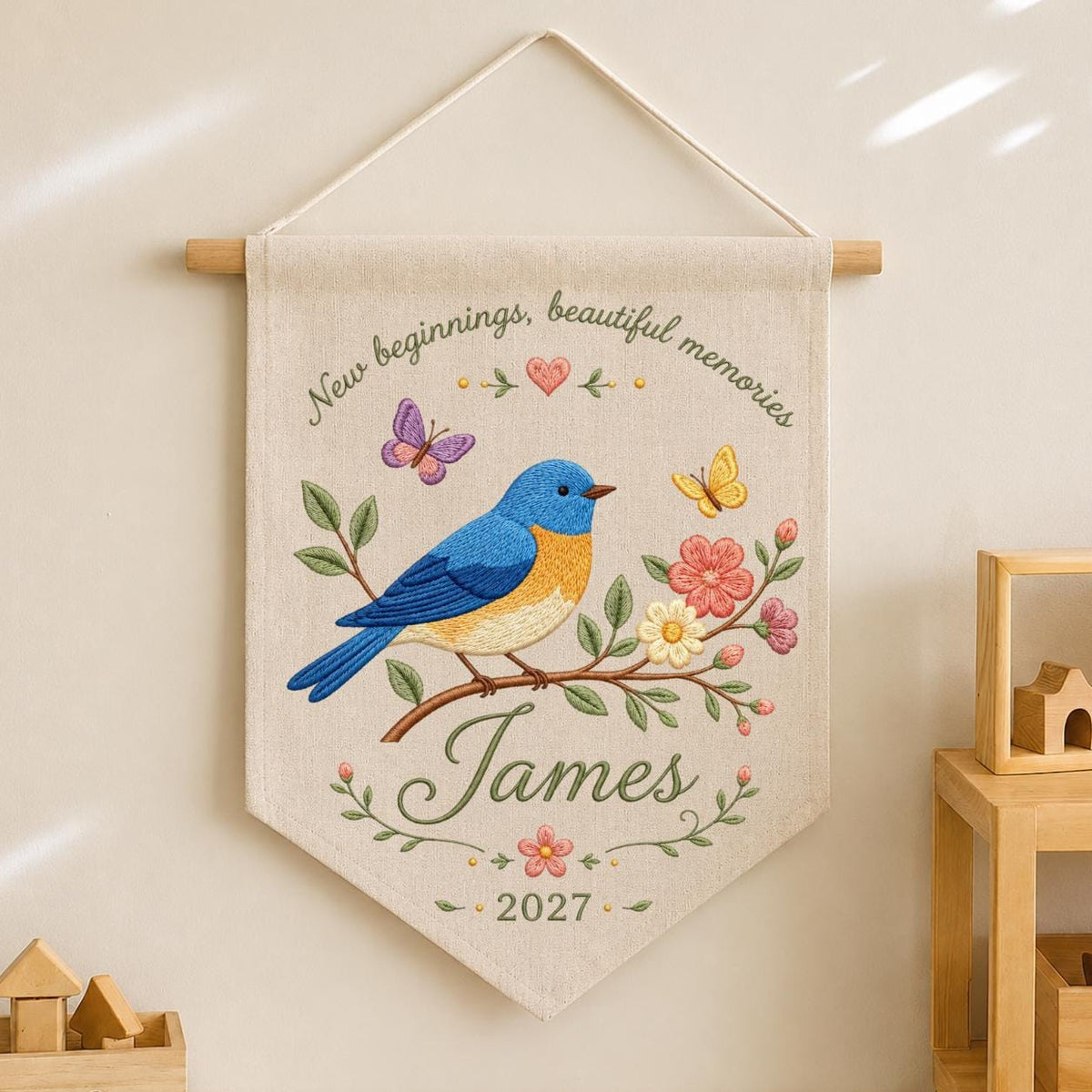 Personalized Bluebird Embroidery Banner - Custom Name Wall Hanging - New Beginnings Gift - Hand Stitched Keepsake with Year 2027