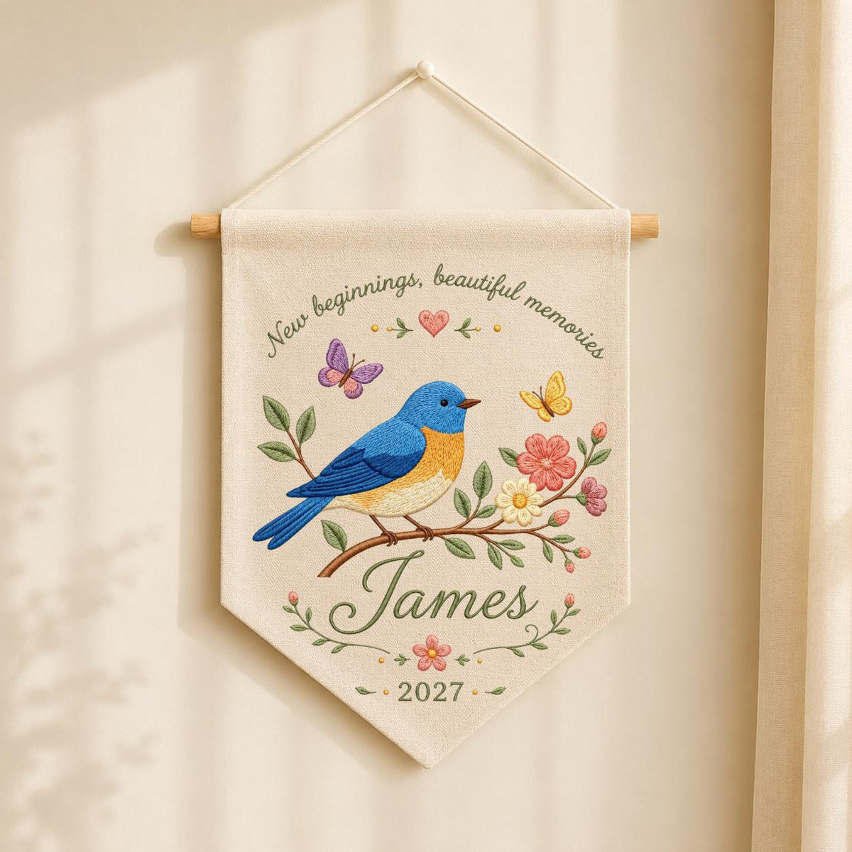 Personalized Bluebird Embroidery Banner - Custom Name Wall Hanging - New Beginnings Gift - Hand Stitched Keepsake with Year 2027