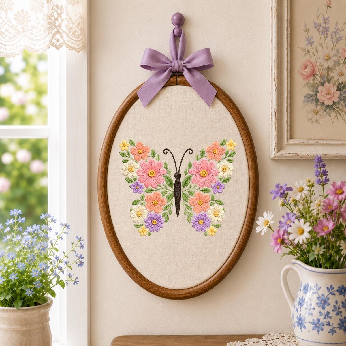 Floral Butterfly Oval Hoop Art, Embroidered Flower Butterfly Spring Botanical Wildflower Nursery Wall Hanging Sign Decor, Gift for Her