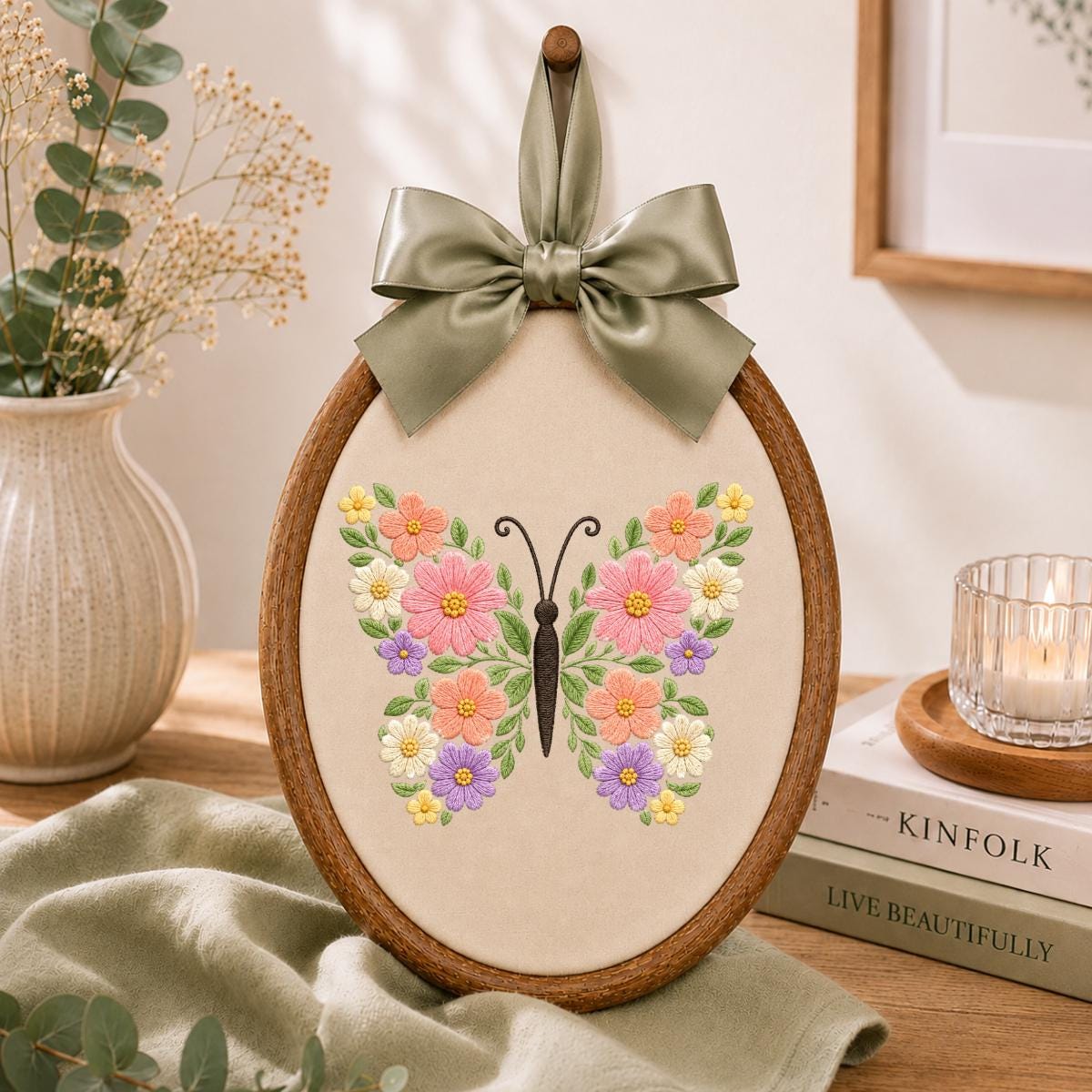 Floral Butterfly Oval Hoop Art, Embroidered Flower Butterfly Spring Botanical Wildflower Nursery Wall Hanging Sign Decor, Gift for Her