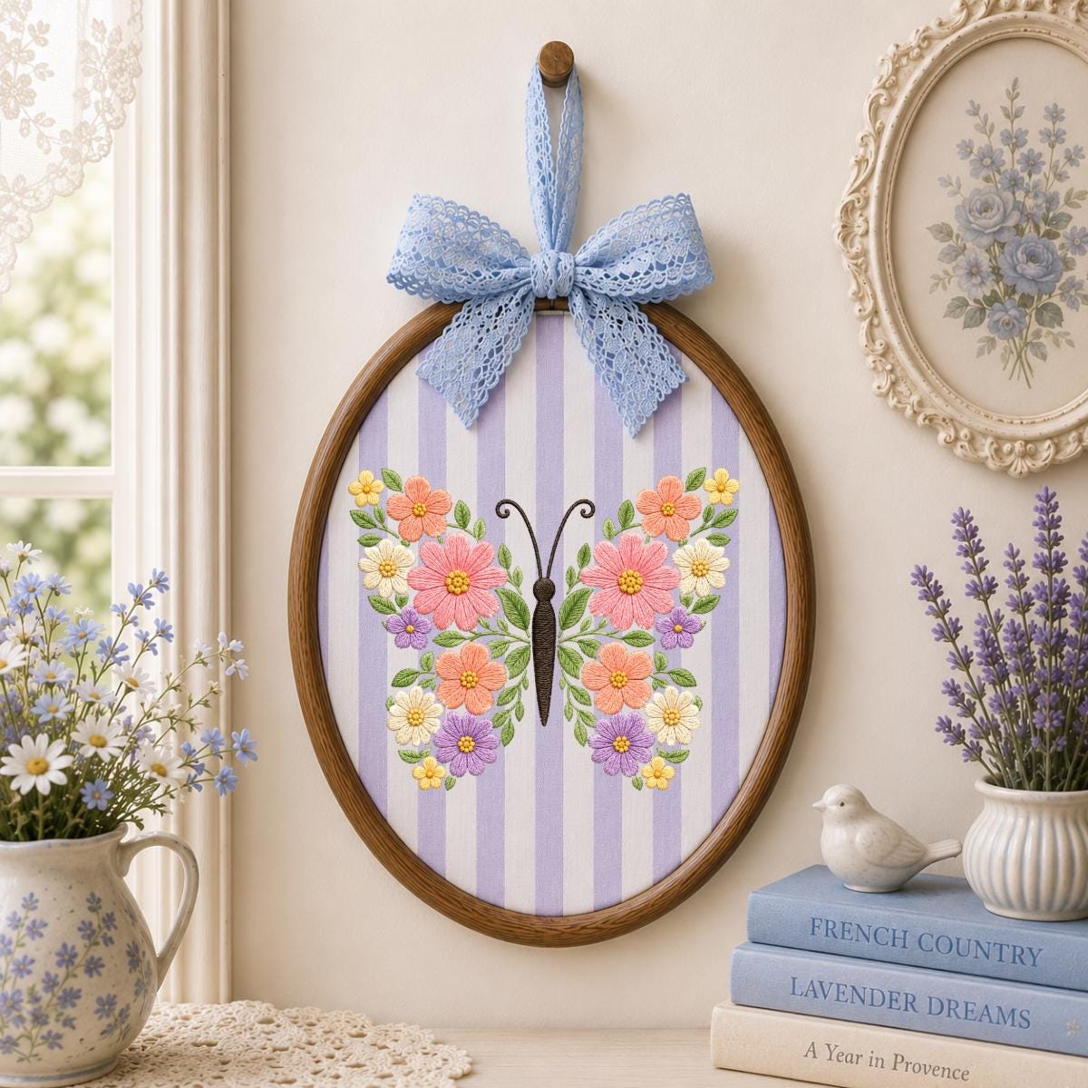 Floral Butterfly Oval Hoop Art, Embroidered Flower Butterfly Spring Botanical Wildflower Nursery Wall Hanging Sign Decor, Gift for Her