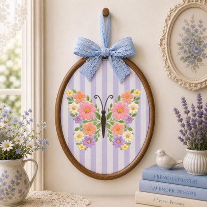 Floral Butterfly Oval Hoop Art, Embroidered Flower Butterfly Spring Botanical Wildflower Nursery Wall Hanging Sign Decor, Gift for Her