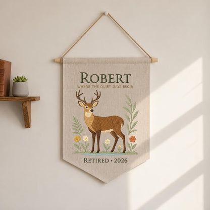Personalized Woodland Deer Canvas Pennant Banner Decor, Custom Embroidered Wildlife Animal Wall Sign, Outdoor Lover Retirement Keepsake