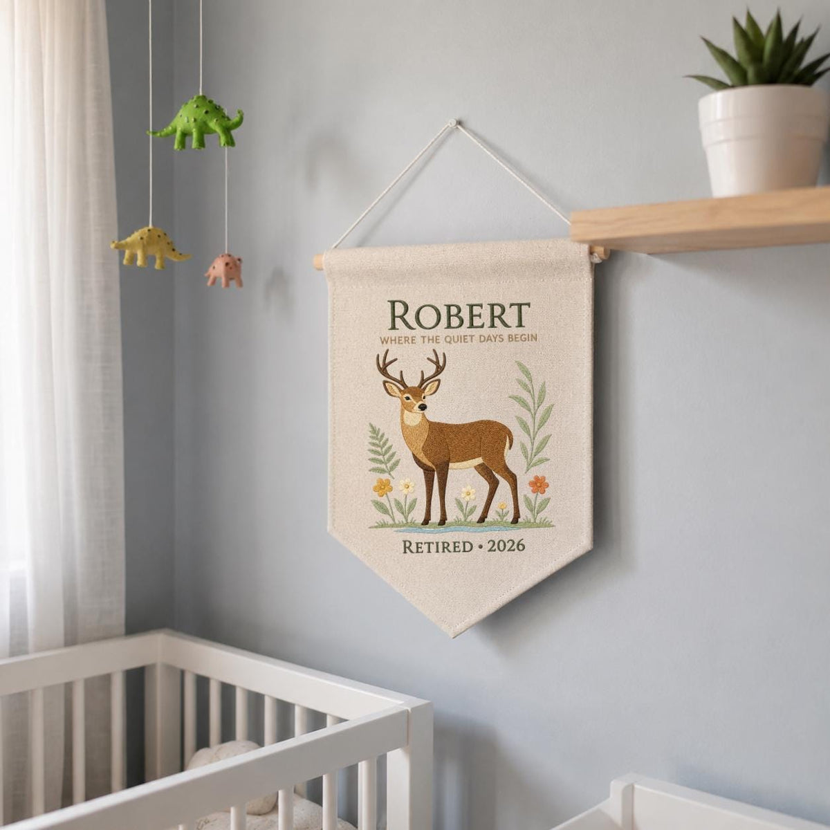 Personalized Woodland Deer Canvas Pennant Banner Decor, Custom Embroidered Wildlife Animal Wall Sign, Outdoor Lover Retirement Keepsake