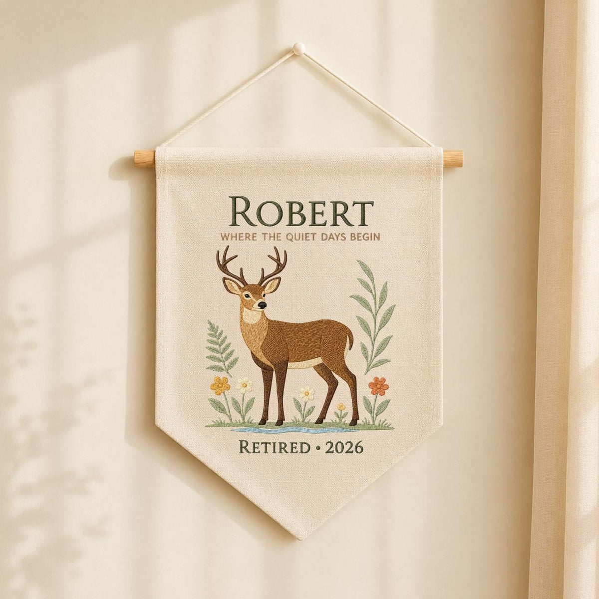 Personalized Woodland Deer Canvas Pennant Banner Decor, Custom Embroidered Wildlife Animal Wall Sign, Outdoor Lover Retirement Keepsake