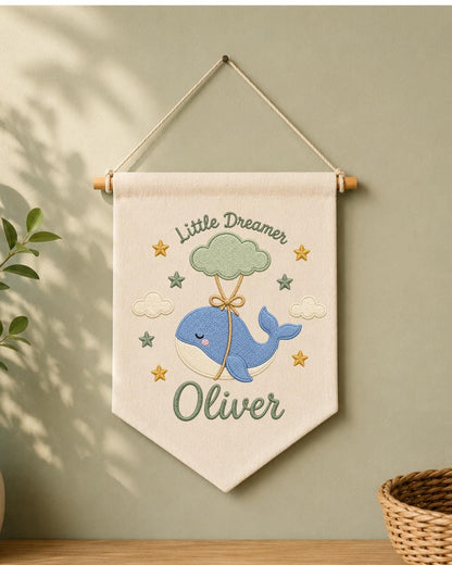 Personalized Whale Nursery Wall Hanging, Custom Name Embroidered Banner, Little Dreamer Baby Boy Nursery Decor, Ocean Nursery Gift