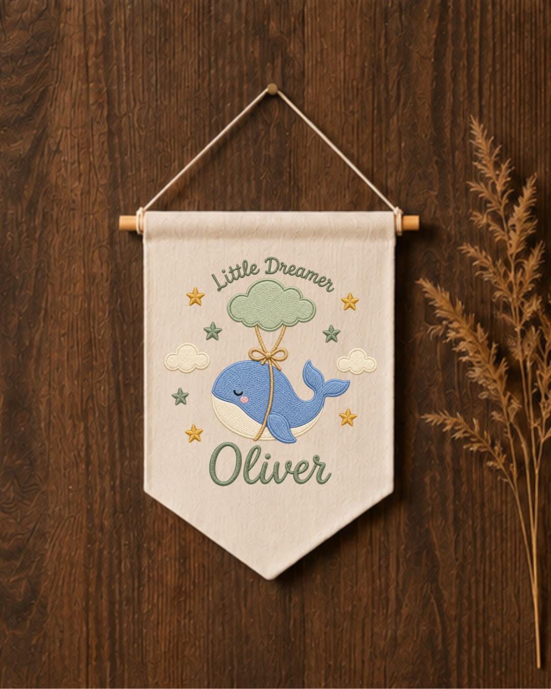 Personalized Whale Nursery Wall Hanging, Custom Name Embroidered Banner, Little Dreamer Baby Boy Nursery Decor, Ocean Nursery Gift
