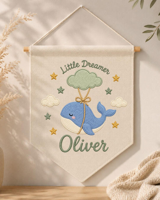 Personalized Whale Nursery Wall Hanging, Custom Name Embroidered Banner, Little Dreamer Baby Boy Nursery Decor, Ocean Nursery Gift