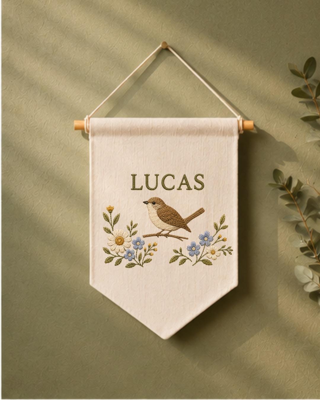 Personalized Bird Nursery Wall Hanging, Custom Name Embroidered Banner, Floral Bird Baby Room Decor, Nature Nursery Gift