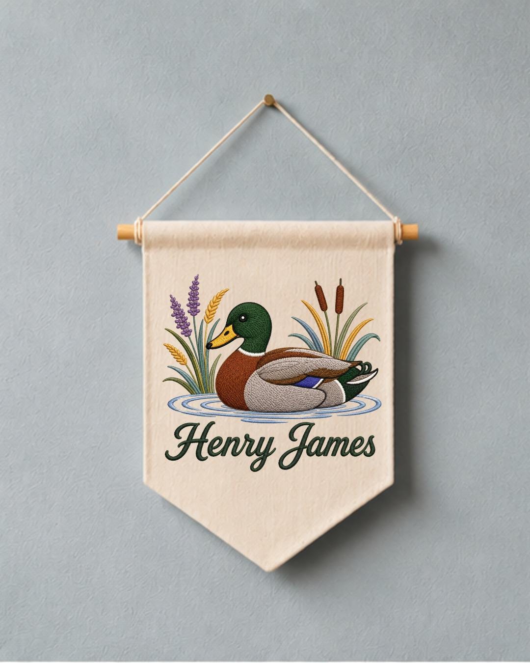 Personalized Mallard Duck Wall Hanging, Custom Name Embroidered Banner, Duck Hunting Nursery Decor, Rustic Baby Boy Room Gift